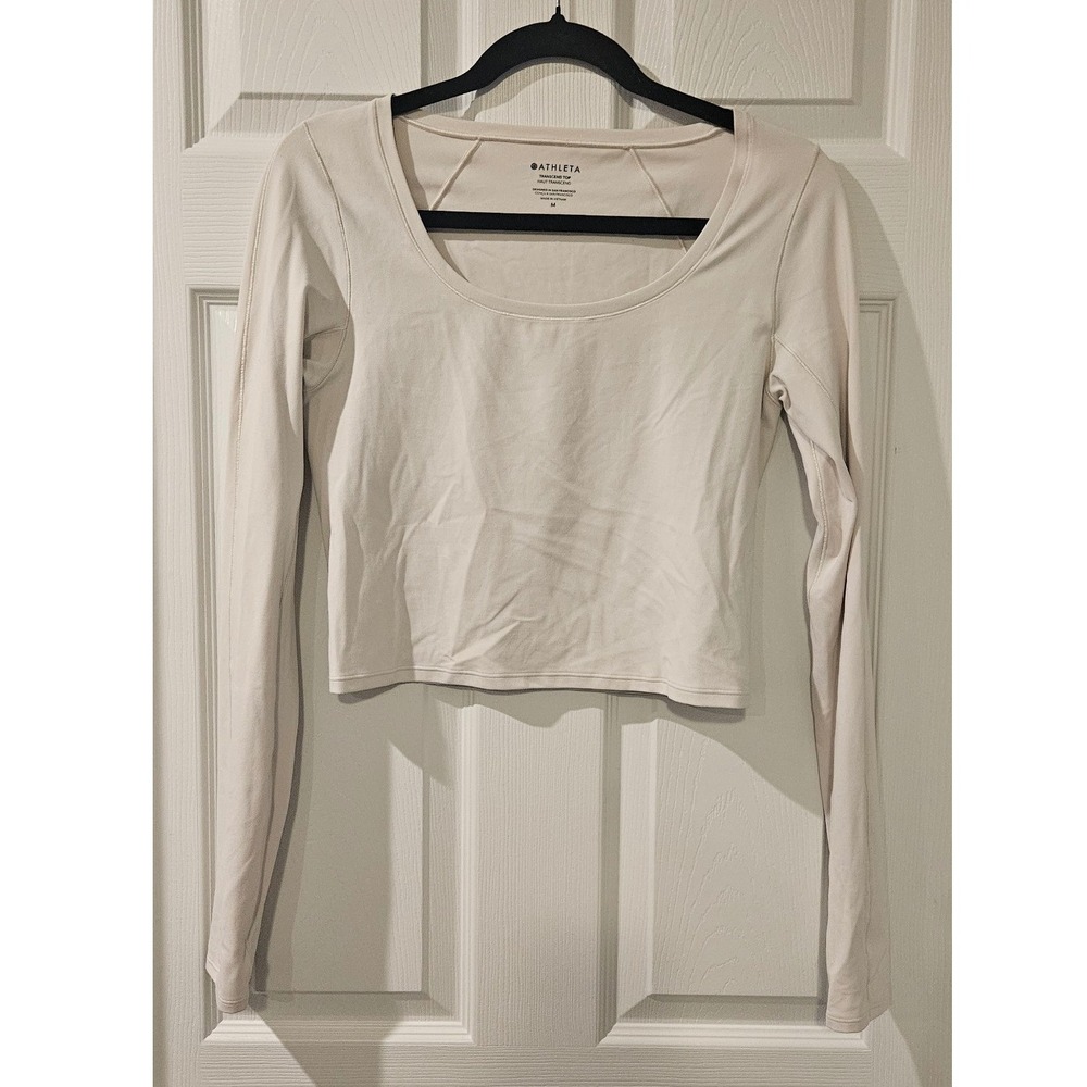 Athleta Transcend Crop Top Medium Bone Yoga Shirt Thumbholes UPF 40 Fall 2025 - Picture 2 of 8